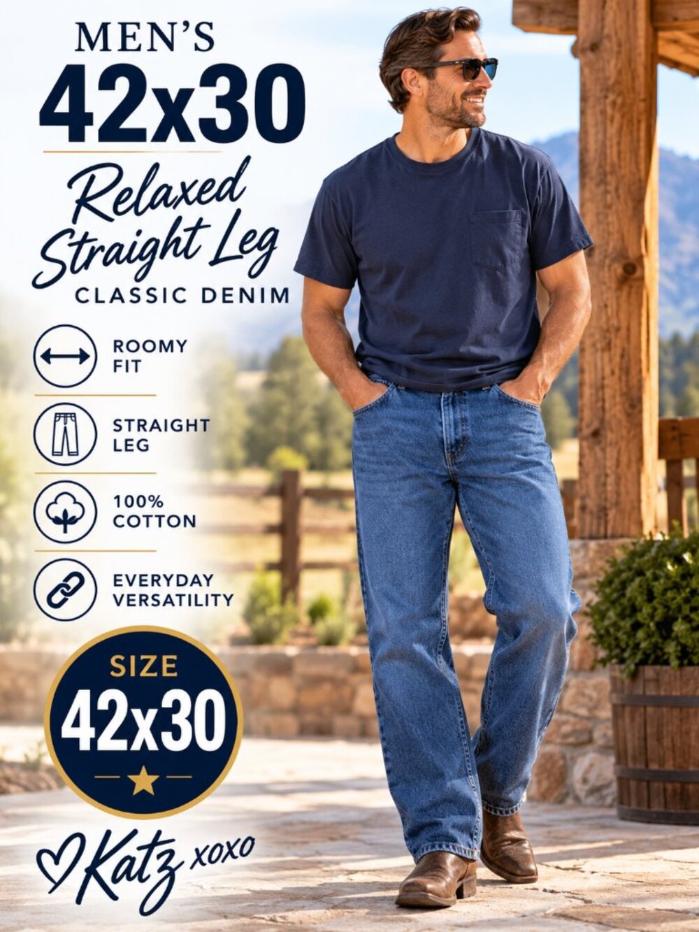Men’s 42x30 Relaxed Straight Leg Jeans Medium Wash Classic Denim 100% Cotton